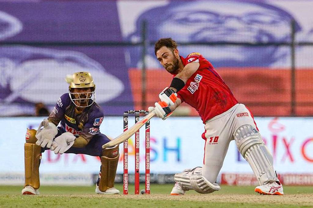 Glenn Maxwell of Kings XI Punjab plays a shot during IPL 2020 cricket match agianst Kolkata Knight Riders, at Sheikh Zayed Stadium in Abu Dhabi, United Arab Emirates. (PTI/Sportzpics for BCCI)