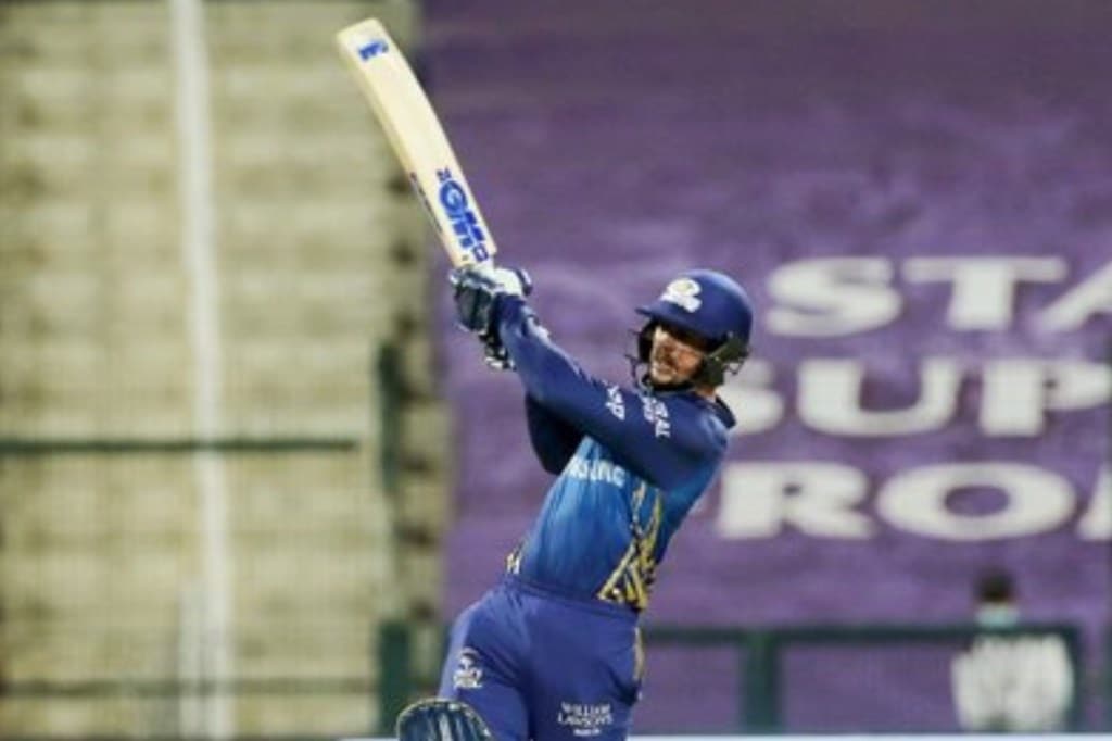 Mumbai Indians player Quinton de Kock plays a shot during IPL 2020 cricket match against Sunrisers Hyderabad, at Sharjah Cricket Stadium in Sharjah, United Arab Emirates. (Sportzpics/PTI Photo)