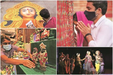 Artistes performing Ramlila in New Delhi in October; (clockwise from above) devotees at a temple; an artiste making a rangoli of goddess Durga in Thane, Mumbai; and a staff member at a south Indian restaurant in Ahmedabad arranges idols of gods (PTI & Express Photos)