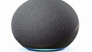 The fourth-gen Echo Dot is a 3.9-inch sphere, half plastic and half fabric covered, in Black, White and Blue colours.