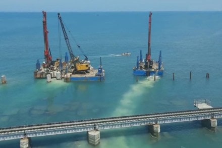 The construction work of the country's first Vertical Lift Railway Sea Bridge is going in full swing. The construction work of the country's first Vertical Lift Railway Sea Bridge is going in full swing.