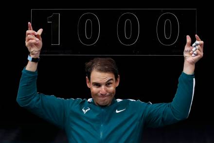 Spain’s Rafael Nadal celebrates after winning his second round match against Spain’s Feliciano Lopez and his 1000th professional match. (Reuters image)
