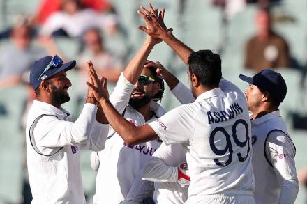 Indian players celebrate the wicket of Australia's Cameron Green on the second day of their cricket test match at the Adelaide Oval in Adelaide, Australia. (AP Photo)