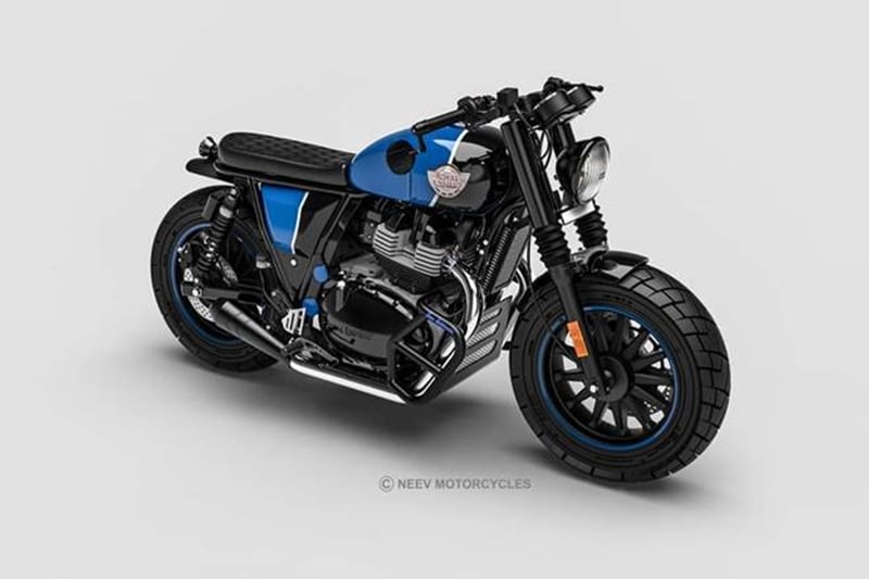 Royal Enfield 'Typhoon': Neev Motorcycles of Delhi found a way to make an Interceptor 650 look more butch yet boast a minimalistic appeal and thicker tyres, and finsihed in some very neat blue-black dual paint job. It gets new lighting and handlebars, custom twin exhausts, and several handbuilt body parts like fenders. The engine is the stock 6548cc parallel twin with 47 hp.