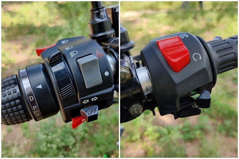 The left side of the handlebar gets a ring with the help of which you can toggle through four riding modes - Reverse, Parking, Drive and Sport. Needless to say, our favourite is the Sport Mode in which the bike offers crazy acceleration and hits a top speed of 123 kmph. The bike engages into ride mode with the help of the 'engine kill switch' that you see on the right side.