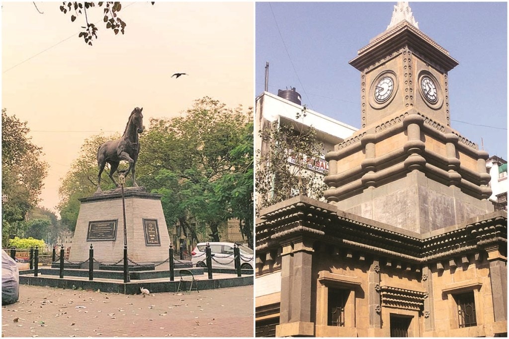 The Bomanjee Hormarjee Clock Tower is among the several south Mumbai heritage buildings restored by the Kala Ghoda Association; and the bronze statue of a black horse in the south Mumbai arts district symbolises the Kala Ghoda Festival