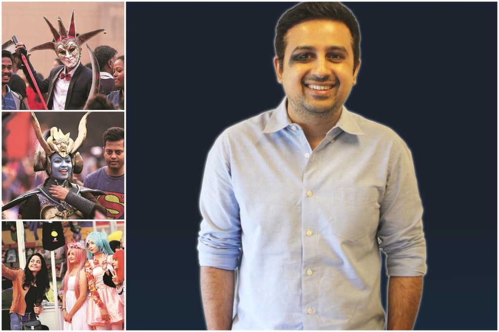 Jatin Varma, founder, Comic Con India; and file photos of visitors at Comic Con