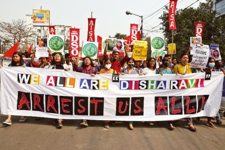Demonstrators protest against the arrest of 22-year-old climate activist Disha Ravi, in Kolkata (Reuters image) Demonstrators protest against the arrest of 22-year-old climate activist Disha Ravi, in Kolkata (Reuters image)