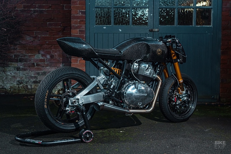 Finishing touches include a handful of Motogadget electronic bits, Rizoma clip-ons, rearsets, mirrors and turn signals, and a Highsider LED headlight. There’s also an Antigravity Lithium-ion battery, and switch clusters from Reese Racing. For its final shakedown, Anthony pitted his hopped-up Royal Enfield against a stock version on a sketchy, icy track—with the GT 650’s designer in attendance. (Source: Bikeexif)