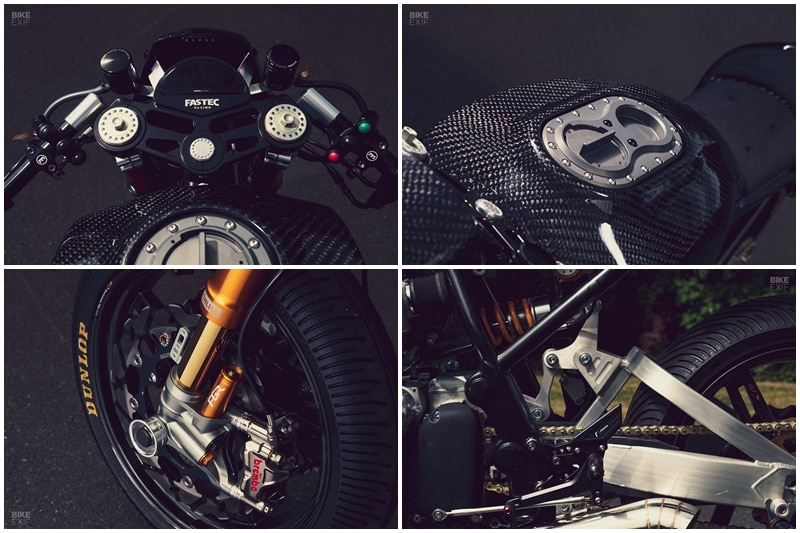 The work at the back included modifying and bracing the subframe. And since the rear wheel’s now wider than stock, the front sprocket needed an offset—which in turn meant that the frame had to be notched to make room. The GT 650 was also treated to a 750 cc big bore kit from S&S Cycle, along with a handmade exhaust system, foam filters and a Power Commander. (Source: Bikeexif)