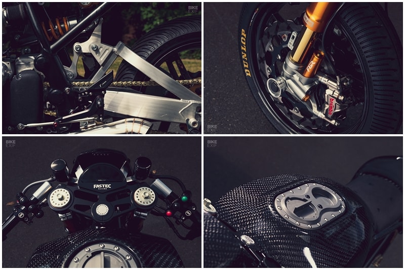 The GT 650 was also treated to a 750 cc big bore kit from S&S Cycle, along with a handmade exhaust system, foam filters and a Power Commander. For the brakes, Anthony has combined nickel-plated Brembo race calipers with Galfer discs, Venhill lines and a Magura front master cylinder. (Source: Bikeexif)