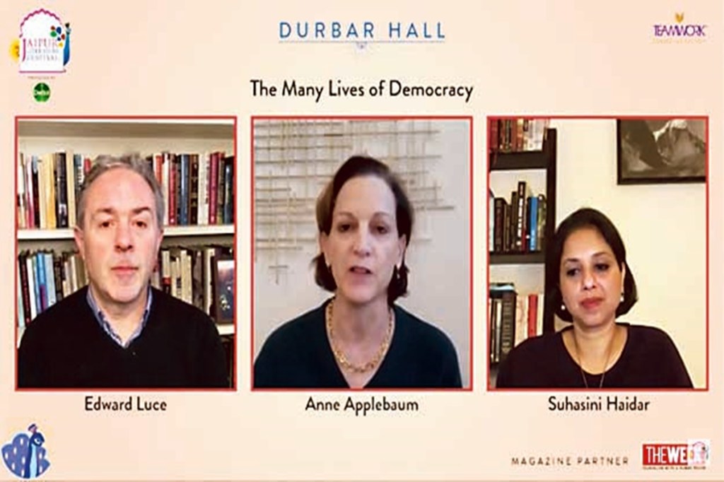 Celebrated journalists Anne Applebaum and Edward Luce at a session on ‘The Many Lives of Democracy’ with Suhasini Haidar at the recent Jaipur Literature Festival