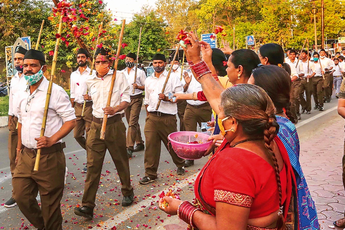 Rashtriya Swayamsevak Sangh workers participate in a march in Bhopal (Image: PTI)