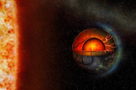 LHS 3844b is locked to its Sun in a manner that only one of its sides is constantly facing the host star. (Illustration: University of Bern)