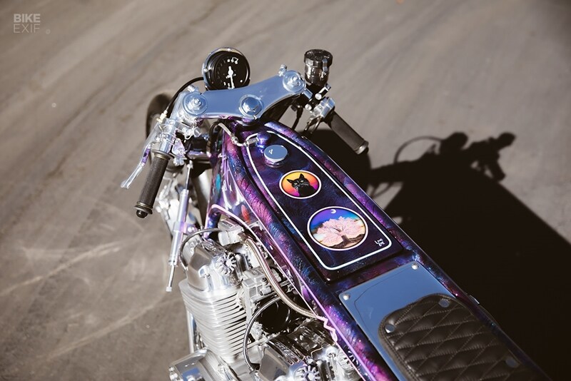 Even harder was constructing a primary system that would connect all three mills. What’s more, Kiyo was adamant that the system be easy to maintain under race conditions, so he limited himself to using easily obtainable parts. The resulting setup looks dead simple from the outside, since Kiyo removed the starter motor and built a ‘flat’ primary cover. But inside, there’s a complex system of pulleys, mounts and adjusters that will melt your brain, with the role of every part—and how it relates to the next part—considered in painstaking detail. (Source: Bikeexif)