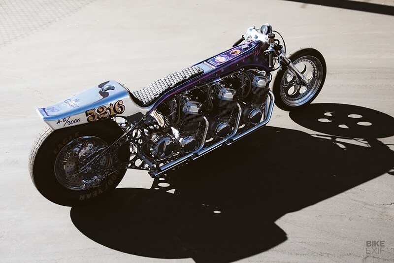 The Galaxy’s four-cylinder power plants are all 1978 Honda CB750 units with F2 large port heads. Each motor has been bored out to 836 cc, and fully rebuilt with lightened and balanced crankshafts, heavy-duty connecting rods, performance cams and oversized stainless steel valves. Extra care was taken to make sure each motor’s internals conformed to the exact same spec. (Source: Bikeexif)