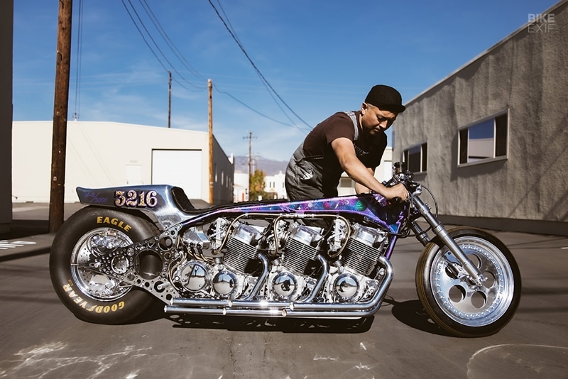Three bored-out Honda CB750 engines into one land speed racer called 'The Galaxy' with a 12-cylinder 2,508cc glory is the creation of California-based custom motorcycle builder and mad genius Mitsuhiro “Kiyo” Kiyonaga. “There is a culture called ‘Kacho Fugetsu’ in Japan, which translates literally as flower, bird, wind, moon. But its meaning is the traditional beauty of nature in Japanese aesthetics, and the rhyme of nature. Some write poetry, some sing songs, and some express it in pictures. I want to express Kacho Fugetsu in our machines,” Kiyo tells Bikeexif. (Source: Bikeexif)