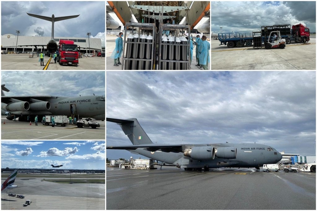 Earlier in the day today, IAF IL-76 aircraft landed at Singapore in the afternoon and will be loaded with 352 empty oxygen cylinders there. Later the transport aircraft will fly back and land at Hindan late in the night. (Photos Credit: IAF)