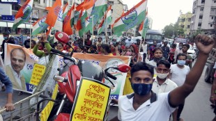 Congress activists in a protest rally against the hike in LPG and fuel prices in Kolkata (PTI Image)