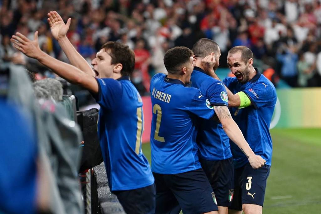 Euro 2020: Italy's Leonardo Bonucci celebrates scoring their first goal with Giorgio Chiellini, Giovanni Di Lorenzo and Federico Chiesa during Italy v England at Wembley Stadium, London, Britain. (Reuters image)