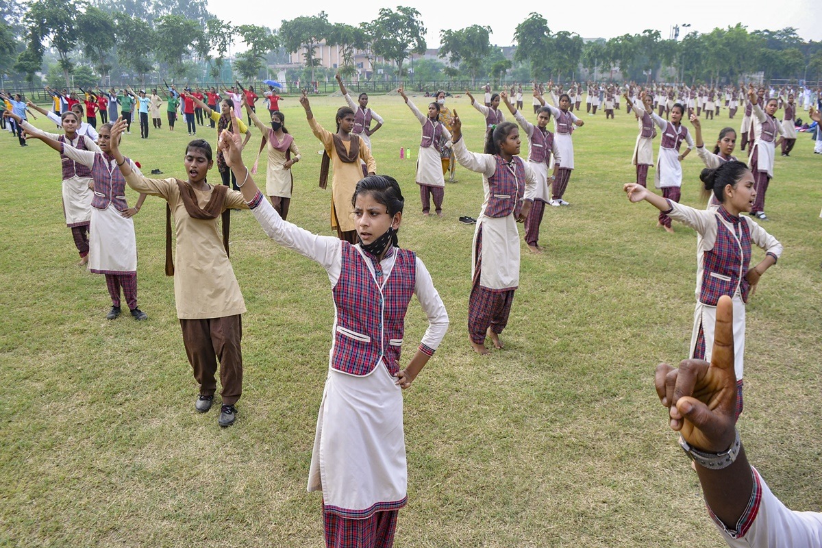 School girls practice for the 75th Independence Day function in Patiala (PTI Image)