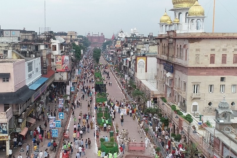 Aerial view of the redeveloped Chandni Chowk provides an unhindered view of the all-pedestrian stretch leading up to the iconic Red Fort. (Image: Satyendar Jain Twitter)