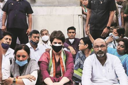 Congress leaders Priyanka Gandhi Vadra and Ajay Kumar Lallu in Lucknow (Express Photo)