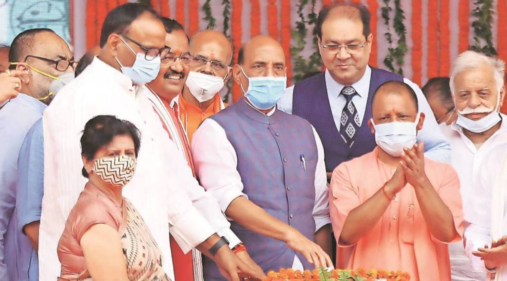 Rajnath Singh praised Adityanath for taking “tough actions” against criminals in UP, saying that the “heartbeat of criminals stops when they hear Yogi’s name”. (Express Photo)