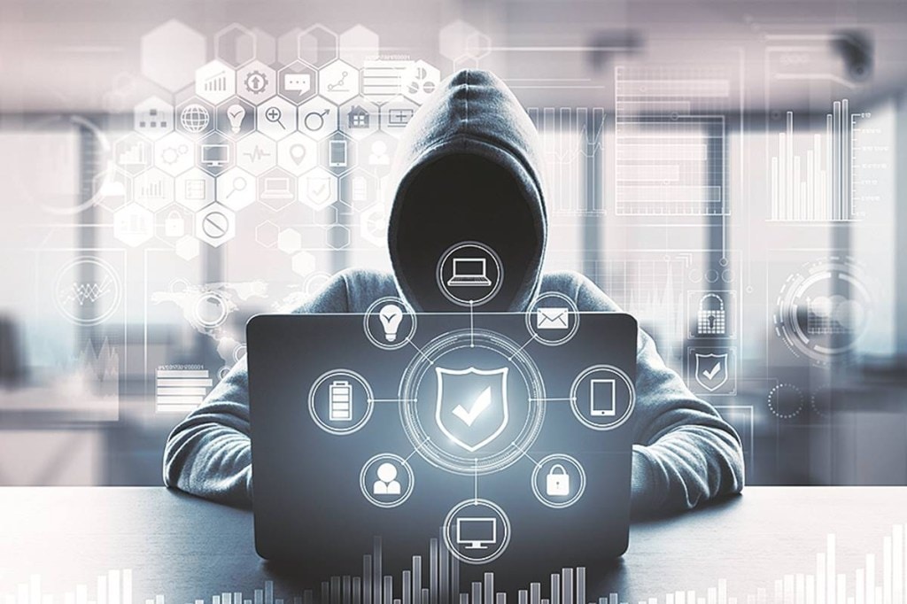 Computing and malware concept. Hacker using computer with digital business interface. Double exposure