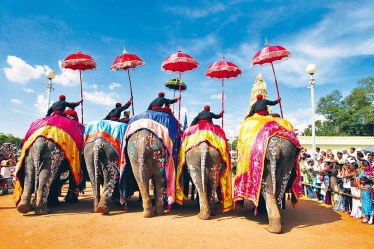 The Mysore king presides over the traditional procession in which the idol of goddess Chamudeshwari on a golden mantapa is placed on an elephant.