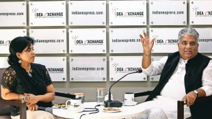 Union minister Bhupender Yadav with Liz Mathew in The Indian Express newsroom (Image: Gajendra Yadav)