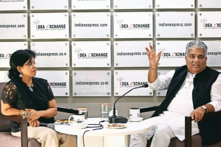 Union minister Bhupender Yadav with Liz Mathew in The Indian Express newsroom (Image: Gajendra Yadav)