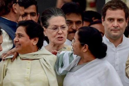 File photo of Sonia Gandhi and Rahul Gandhi along with Mayawati and Mamata Banerjee