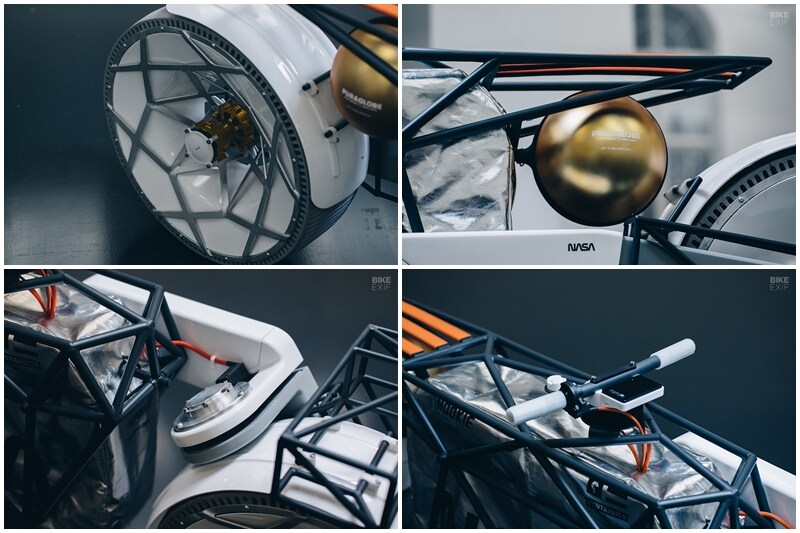 The CAKE hubs are CNC machined from 7075 aircraft aluminum for 32 straight-pull spokes, and stainless steel SKF cartridge bearings. The tyres were another challenge altogether: “We spoke with two companies about creating big thermoplastic polyurethane prints,” Müller says. “Everyone liked the idea but nobody wanted to produce it for us.” (Source: Bikeexif)
