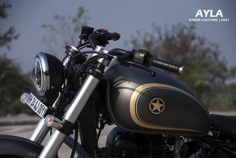 'The bike has been stretched by four inches to make it look better aesthetically. The front headlight is 5.5 inch LED with mono pod digital speedometer console. We affectionately call it AYLA.'
