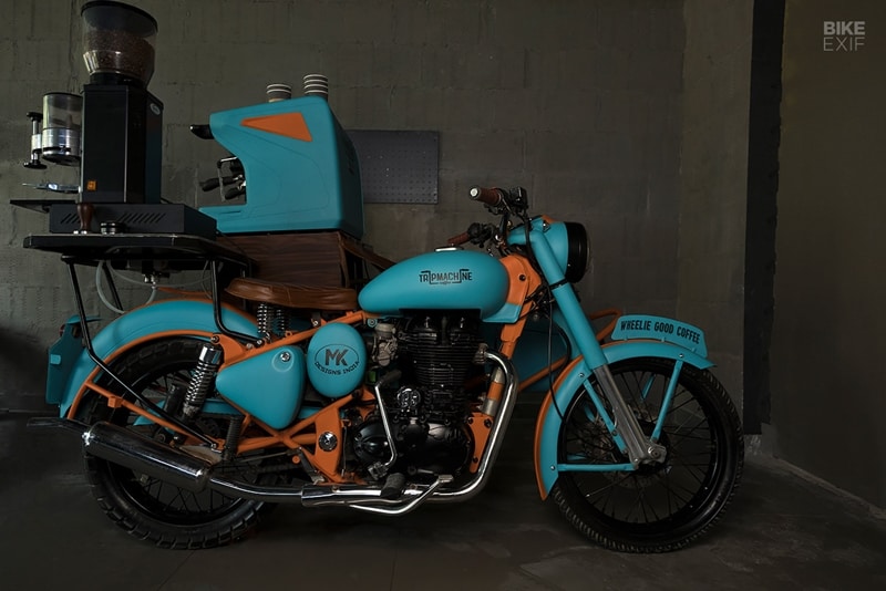 Gurgaon's Trip Machine’s specialties are leather motorcycle products and coffee. Their latest project combines both into one ultra-classic, and super fun, machine. We’ve seen coffee sidecar rigs before, but this is the first time we’ve seen one from India. Trip Machine started with a Royal Enfield 350 Classic, added a sidecar, then kitted it to serve up black gold. (Source: Bikeexif)
