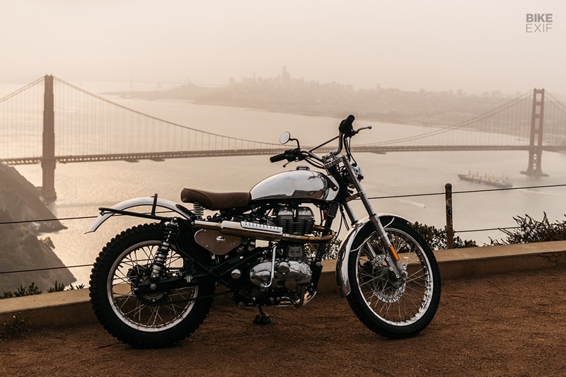 The main goal here was to shave weight off—both visually and physically. BAAK swapped the fuel tank for a slimmer aftermarket unit, and the steel fenders for a pair of aluminum items from their HQ in France. There’s a new seat too, wrapped in an aged brown leather. The wheels were re-laced with 21F/18R aluminum rims, for better off-road handling and a wider tire selection; a set of Shinko SR241s is currently fitted. BAAK also removed the front fork covers, and have installed a pair of Shock Factory shocks at the back. (Source: Bikeexif)