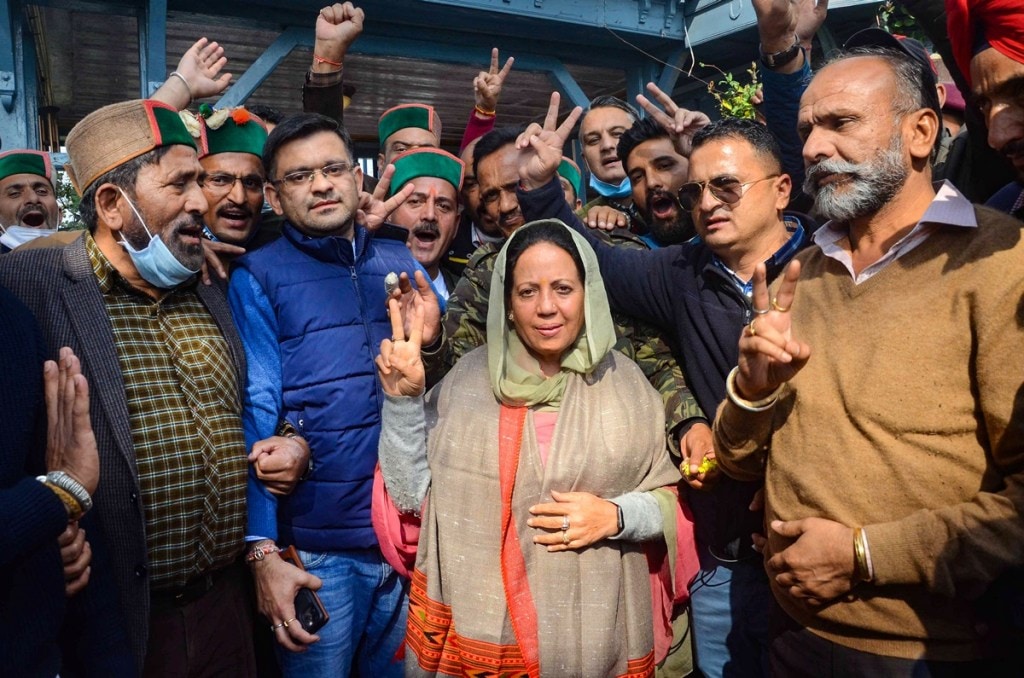 Congress candidate from Mandi Lok Sabha seat Pratibha Singh celebrates her victory in by-elections in Shimla (PTI image) Congress candidate from Mandi Lok Sabha seat Pratibha Singh celebrates her victory in by-elections in Shimla (PTI image)