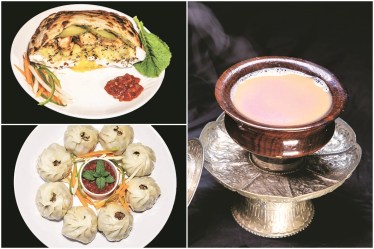 Ladakhi butter tea gur gur cha; khambir, a local whole wheat brown bread, with filling; mok mok (momos)