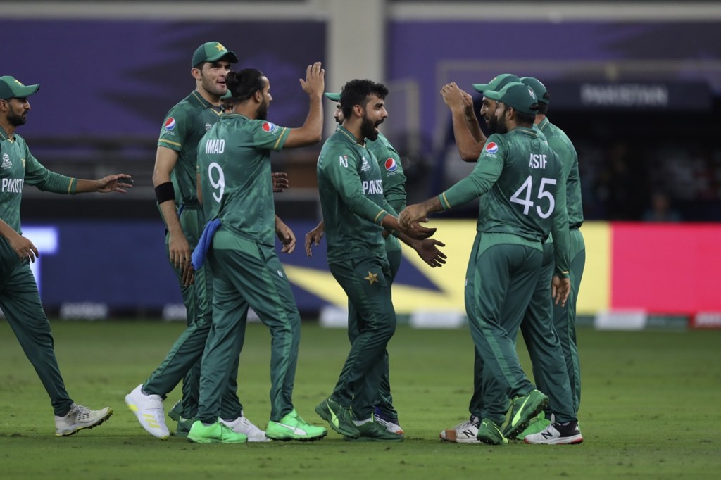 Pakistan's Shadab Khan, centre, celebrates Australia's Glenn Maxwell dismissal during Twenty20 World Cup semi-final match in Dubai (AP Photo) Pakistan's Shadab Khan, centre, celebrates Australia's Glenn Maxwell dismissal during Twenty20 World Cup semi-final match in Dubai (AP Photo)