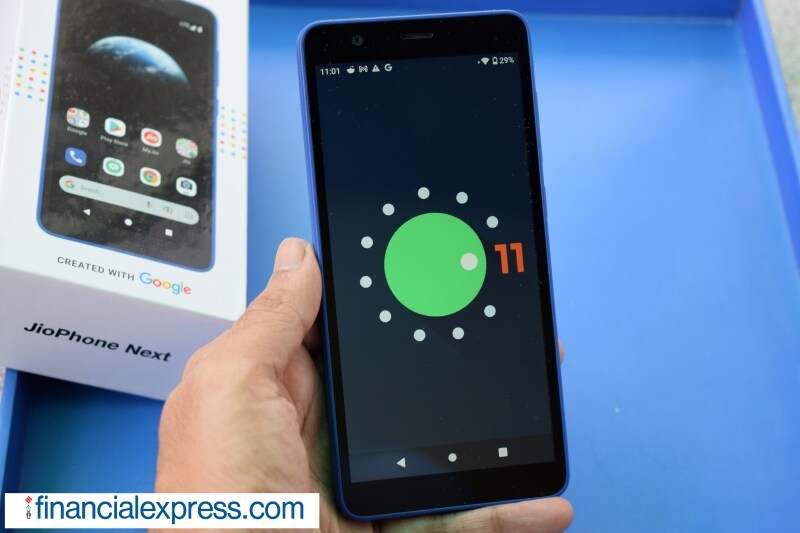 JioPhone Next has a 5.45-inch 720p display. This is protected by Corning Gorilla Glass 3 with anti-fingerprint coating. Unlike a lot of modern-day budget phones, the JioPhone Next comes with sizable bezels at the top and the bottom. (Photo credit: Saurabh Singh/Financial Express)