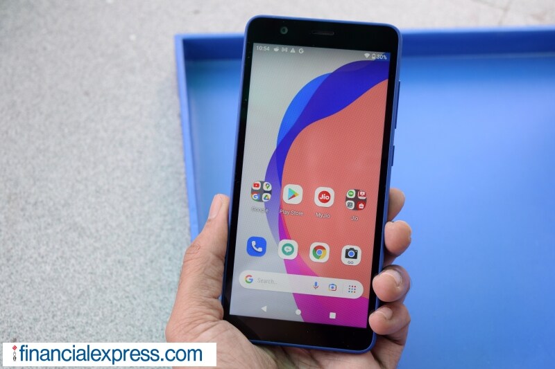 Under the hood, the JioPhone Next has a Qualcomm Snapdragon 215 system-on-chip paired with 2GB RAM and 32GB storage—this is expandable by another 512GB through a hybrid micro-SD card slot. (Photo credit: Saurabh Singh/Financial Express)
