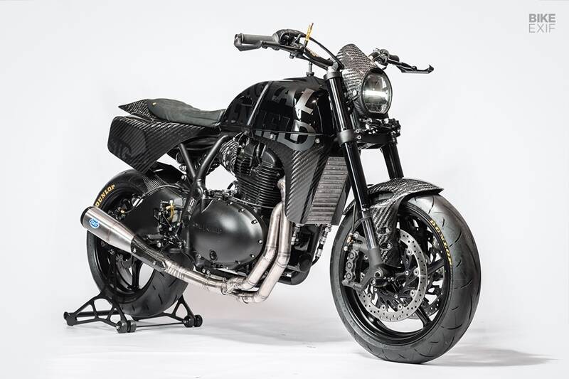 There’s a long list of carbon fiber parts on this build, and they’re all custom. STG designed molds for the parts themselves, then sent them to a specialist that makes carbon fiber stuff for professional rally bikes. The OEM fuel tank remained, but was modified with the top section of a Honda VF750 tank. STG also installed Kraftec rear-sets, a CNC-machined rear sprocket, and a full set of Hel brake lines. Thoughtful details abound—like the laser-etched ‘STG’ and ‘Royal Enfield’ logos on the fasteners that are sprinkled across the bodywork. (Source: Bikeexif)