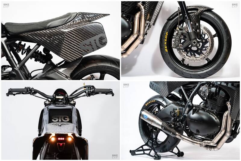 STG also upgraded the Royal Enfield’s running gear to match its new output. Up front are the forks, brakes and front wheel from a Yamaha R1. A CNC-machined top yoke holds everything in place. The swingarm, rear wheel and shock are all from a Yamaha R6. STG fabricated a new subframe and upper shock mount, and shortened the new swingarm to match the Enfield’s measurements. Both wheels are wrapped in Dunlop Roadsport 2 rubber. (Source: Bikeexif)
