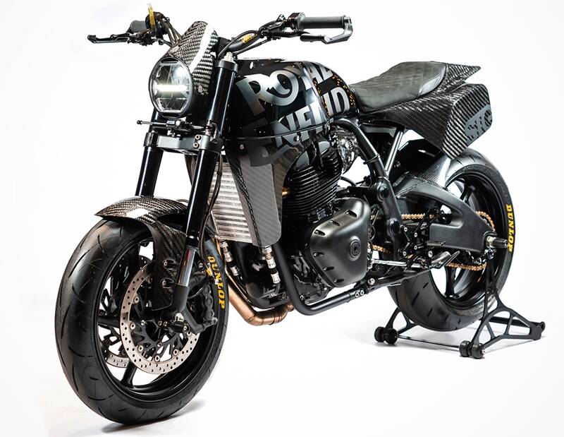 Meet 'Crow', a Royal Enfield Continental GT 650 built with inspiration from the aggressive lot of motorcycles that raced on Pikes Peak Hill Climb. This street track from STG Tracker, Argentina was built as an official commission Royal Enfield Argentina who supplied a brand new Conti for the job. First notable thing here is that STG bumped the engine to 865cc and made the bike drop over 36 kg of weight. (Source: Bikeexif)