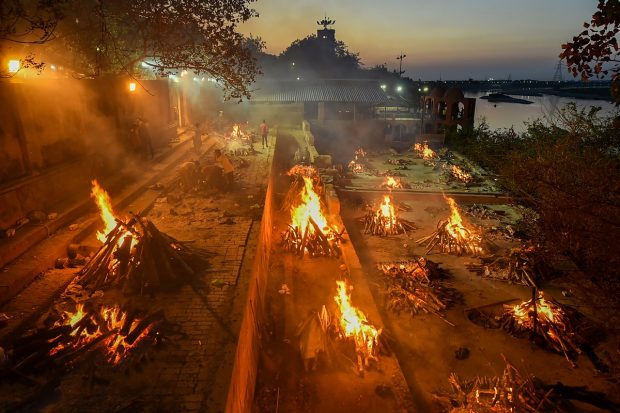 COVID-19 victims being cremated at Bhairav Ghat Hindu Crematory, as coronavirus cases surge in record numbers across the country, in Kanpur on April 22, 2021. (PTI Photo)