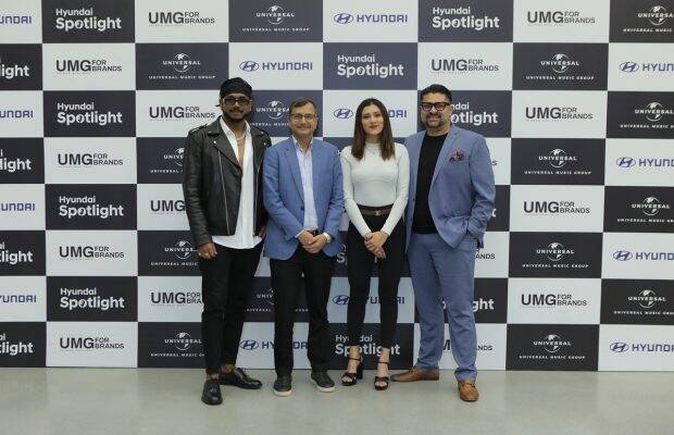 Tarun Garg, Director-Sales, Marketing and Service, Hyundai Motor India Ltd and Devraj Sanyal, MD & CEO of UMG, India & South Asia along with Aastha Gill and King at the launch of Hyundai Spotlight and premier of ‘Dhoondein Sitaare’