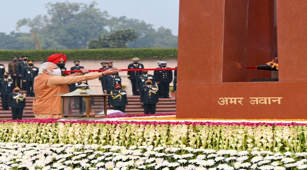 Defence Minister Rajnath Singh andchiefs of the three armed forces were present at the National War Memorial during the event. (Twitter/Narendra Modi)