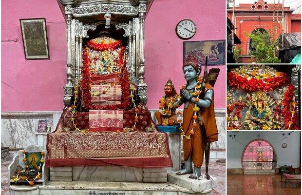 The golden murti, which is 1.5 feet tall, is ten armed, and in the form of devi Katyani Durga, an aspect of the devi Mahisasuramardini. The golden murti, which is 1.5 feet tall, is ten armed, and in the form of devi Katyani Durga, an aspect of the devi Mahisasuramardini.