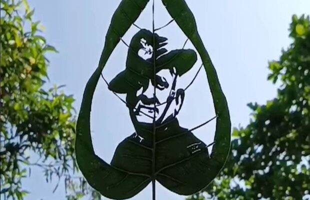 a special tribute from a shadow leaf artist has won the internet as the artist drew the portrait of General Rawat with a mere leaf with the help of skillful carving (Credit:Shashi Adkar/Instagram)